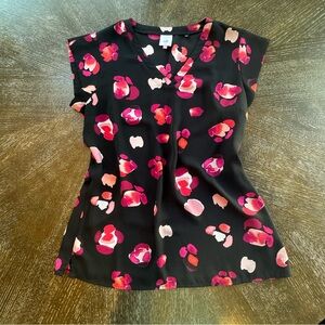 CAbi Black Satin Floral V-Neck Cap Sleeve Top with Pink & Coral Accents